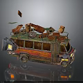 Old Vintage Bus Loaded With Miscellaneous Items On Top And Worn Exterior