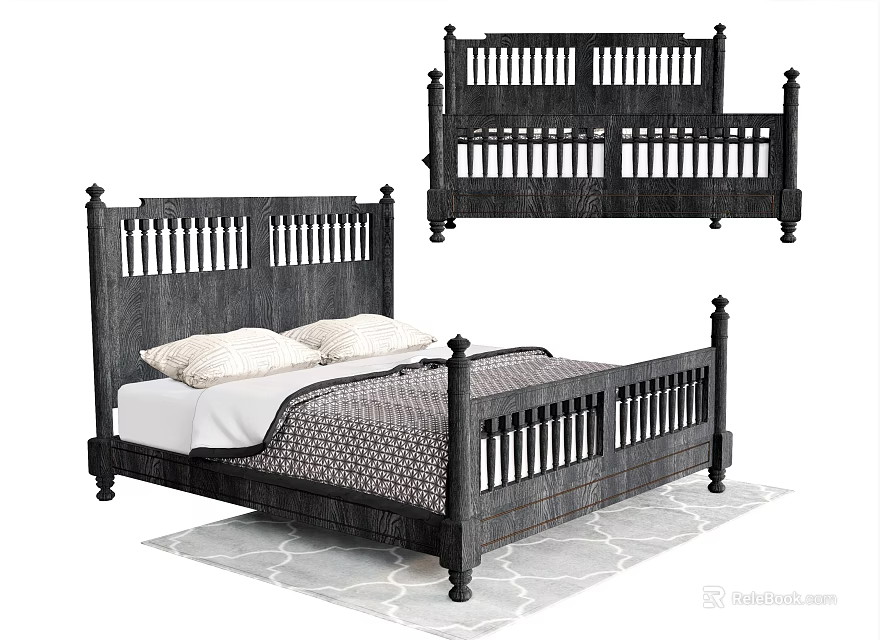 Vintage Wooden Double Bed With Carved Headboard Footboard White Pillows Patterned Quilt On Light Rug 3d model 