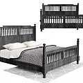 Vintage Wooden Double Bed With Carved Headboard Footboard White Pillows Patterned Quilt On Light Rug