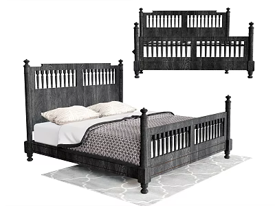 Vintage Wooden Double Bed With Carved Headboard Footboard White Pillows Patterned Quilt On Light Rug 3d model