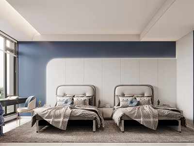 Kids Bedroom With Two Beds Blue And White Walls Large Windows Desk Chair And Rug 3d model