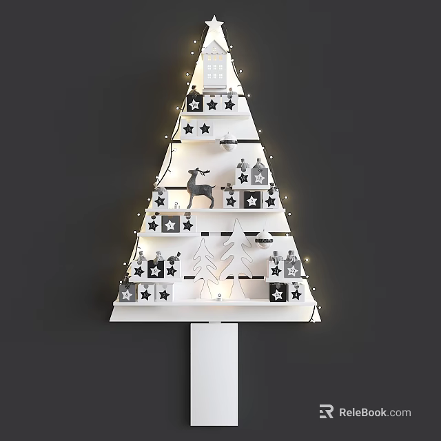 Tree Shaped Storage Shelf with Star Deer Small House Decorations and String Lights 3d model