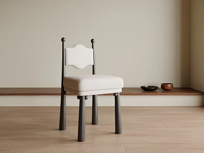 Minimalist Chair With White Scalloped Backrest Black Legs And Light Seat Cushion On Wood Floor 3d model