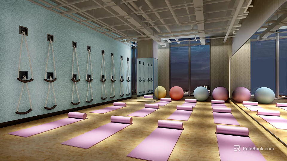 Spacious Yoga Fitness Studio With Pink Yoga Mats Suspension Ropes Mirror Wall And Wooden Floor 3d model 
