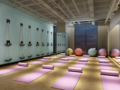 Spacious Yoga Fitness Studio With Pink Yoga Mats Suspension Ropes Mirror Wall And Wooden Floor 3d model