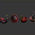 Colorful Spiky Creatures With Red Green Hues And Tentacles In Artistic Display Arrangement