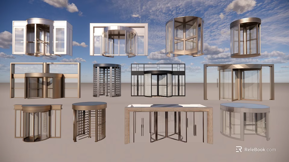 Various Modern Door Designs With Glass Panels Metal Frames And Cylindrical Revolving Structures 3d model 