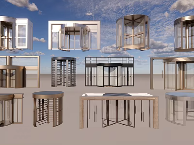 Various Modern Door Designs With Glass Panels Metal Frames And Cylindrical Revolving Structures 3d model