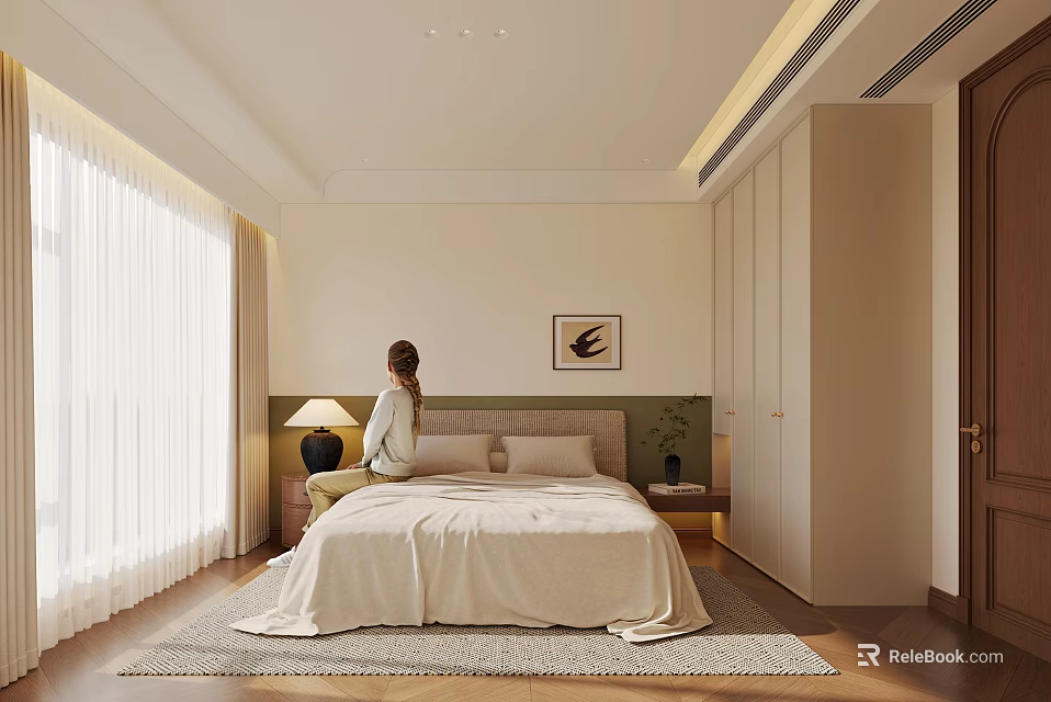 Modern Minimalist Bedroom Interior Design With Beige Bedspread Nightstands Table Lamp And Wooden Floor 3d model 