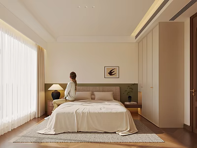 Modern Minimalist Bedroom Interior Design With Beige Bedspread Nightstands Table Lamp And Wooden Floor 3d model