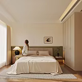 Modern Minimalist Bedroom Interior Design With Beige Bedspread Nightstands Table Lamp And Wooden Floor
