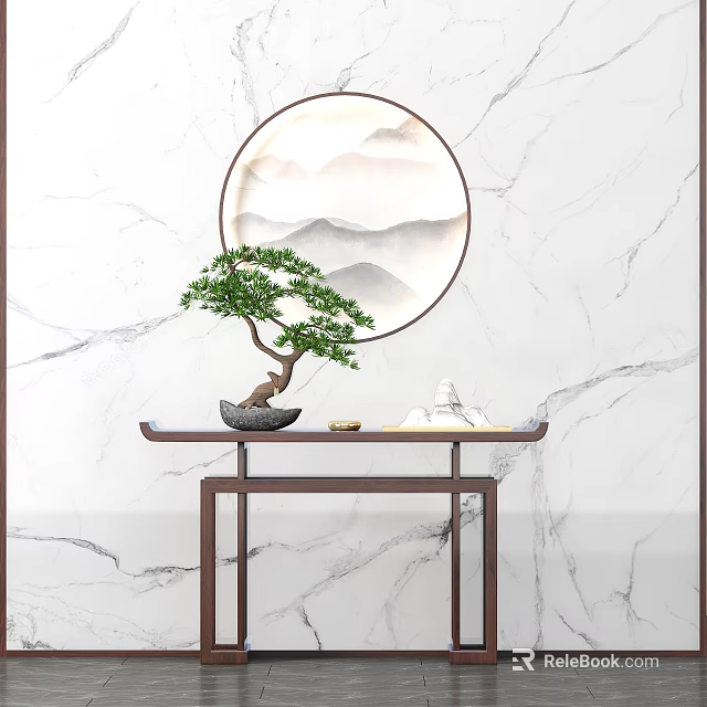 Elegant Console Table with Bonsai Tree and Circular Mountain Painting on Marble Wall 3d model