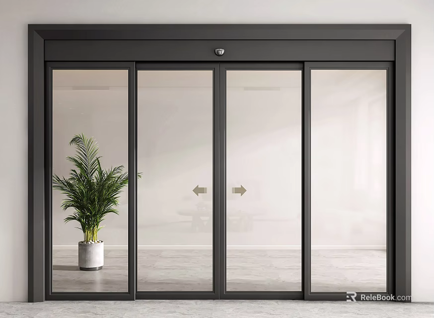 Modern Glass Sliding Door With Black Frame And Green Plant In White Pot 3d model 
