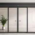 Modern Glass Sliding Door With Black Frame And Green Plant In White Pot