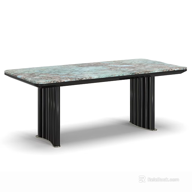 Modern Rectangular Dining Table With Blue Tone Marble Top And Fluted Black Metal Legs 3d model 