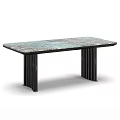 Modern Rectangular Dining Table With Blue Tone Marble Top And Fluted Black Metal Legs
