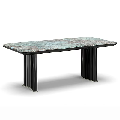Modern Rectangular Dining Table With Blue Tone Marble Top And Fluted Black Metal Legs 3d model