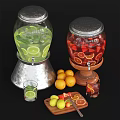 Clear Glass Drink Dispensers With Lime Strawberry Orange Fruits And Glass Cup