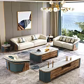 Elegant Modern Sofa And Coffee Table Combination With Beige Blue Upholstery Wooden Frame Marble Top