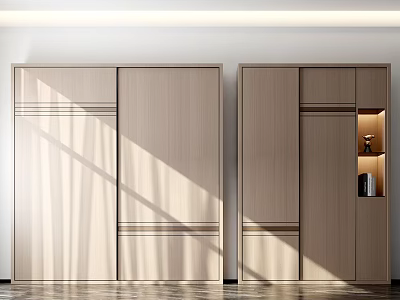 Modern Wooden Wardrobe With Sliding Doors And Open Shelf Lighting Storage Design 3d model