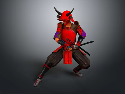 Traditional Japanese Samurai Swords Wielded by Warrior in Red Armor With Horned Helmet and Dual Blades 3d model