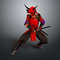 Traditional Japanese Samurai Swords Wielded by Warrior in Red Armor With Horned Helmet and Dual Blades