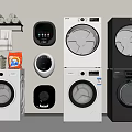 Various Front Loading Washing Machines White And Black With Stacked Dryers Laundry Detergent And Accessories