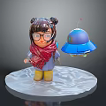 Little Girl With Pigtails Glasses Red Scarf Standing By Blue UFO On Snowy Base
