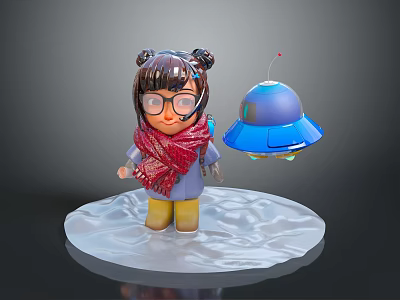 Little Girl With Pigtails Glasses Red Scarf Standing By Blue UFO On Snowy Base 3d model