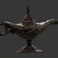 Antique Ornate Oil Lamp With Intricate Brass Carvings And Red Enamel Details
