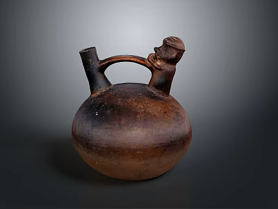 Ancient Terracotta Sculpture Jar Featuring Carved Handle And Ornate Human Head Design 3d model