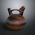 Ancient Terracotta Sculpture Jar Featuring Carved Handle And Ornate Human Head Design