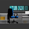 White Curved Desk With Three Monitor Screens Black And Blue Chair And Yellow File Cabinet