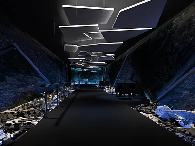 Modern Corridor With Geometric Ceiling Lights Natural Rock Elements And Black Floor 3d model