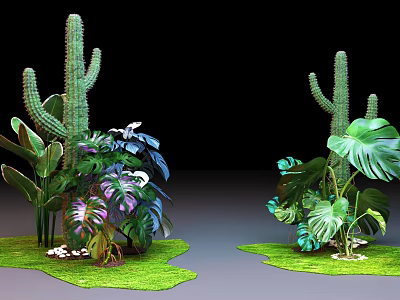 Living Plant Wall with Cactus Monstera Leaves Ferns and Lush Green Grass 3d model