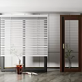 Modern White Horizontal Blinds Interior Design With Window Wooden Door And Potted Plant