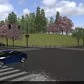 Scenic Municipal Road With Intersection Zebra Crossing Traffic Lights Street Lamps Trees And Green Grassland