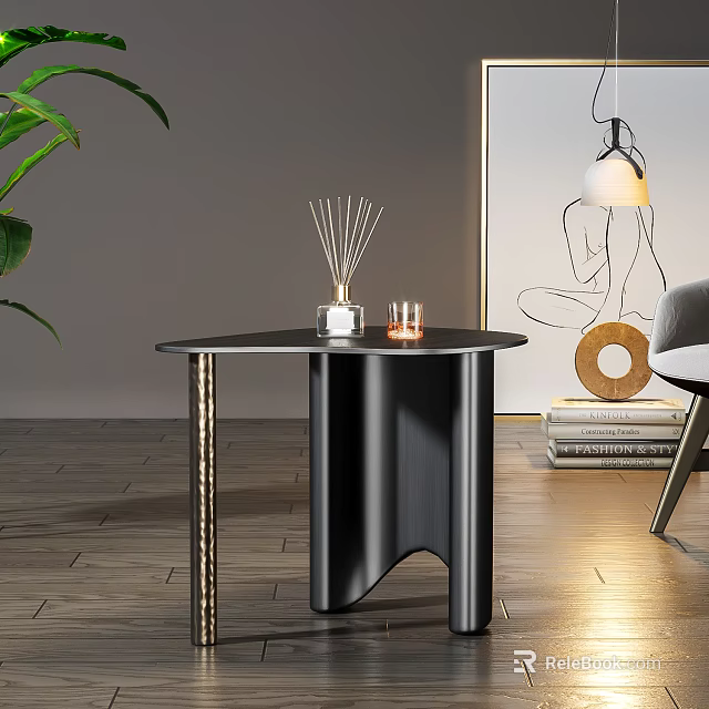 Modern Black Round Top Side Table With Gold Metal Legs And Aromatherapy Candles Decor 3d model 