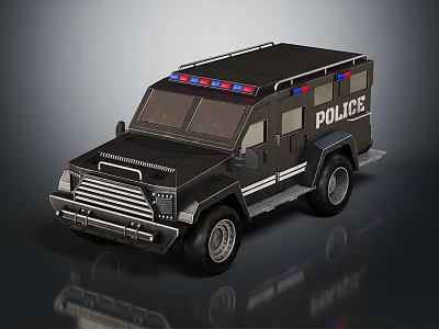 Black Armored Functional Police Vehicle With Red Blue Police Lights 3d model