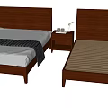 Two Single Beds With Wooden Headboards White Sheets Gray Blanket And Striped Mattress