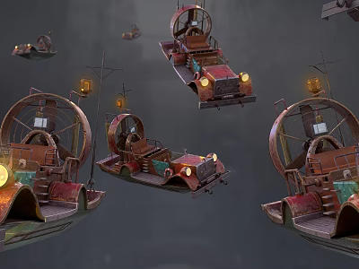 Vintage Steampunk Mechanical Vehicles With Large Wheels Lanterns And Colorful Bodies 3d model