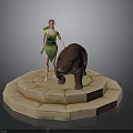 Female Figure With Bear On Circular Stone Platform Covered In Moss