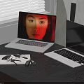 Two Laptops On Black Desk With Lit Screen Human Face Display And Black Screen Keys Notebook