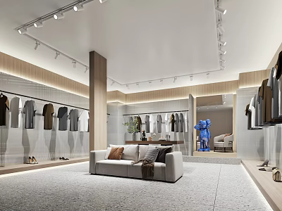 Modern Clothing Store Interior With Clothes Racks Sofa And Minimalist Design 3d model