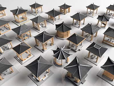 Traditional Pavilions with Black Roofs and Wooden Structures Arranged in Orderly 3d model