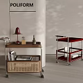 Modern Mobile Storage Carts With Wooden Rattan And Metal Red Shelves For Interior