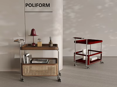 Modern Mobile Storage Carts With Wooden Rattan And Metal Red Shelves For Interior 3d model