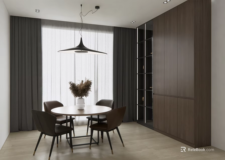 Modern Restaurant Interior With Round Dining Table Wooden Chairs Pendant Light Curtains And Wooden Cabinets 3d model 