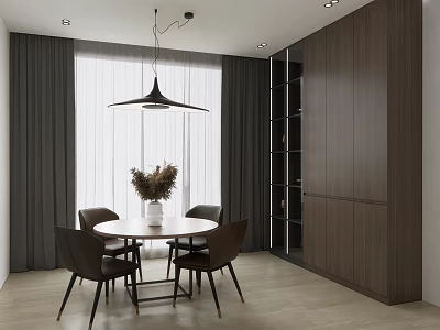 Modern Restaurant Interior With Round Dining Table Wooden Chairs Pendant Light Curtains And Wooden Cabinets 3d model
