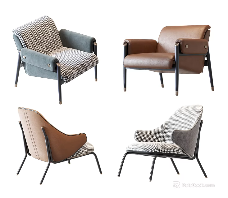 Modern Single Sofa Designs With Leather Checkered Patterns And Blue Brown Colors 3d model